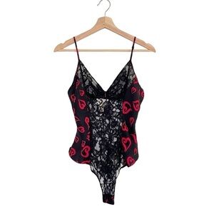 Victoria’s Secret Vintage Gold Label Silk Lace Heart Teddy Bodysuit Black Red